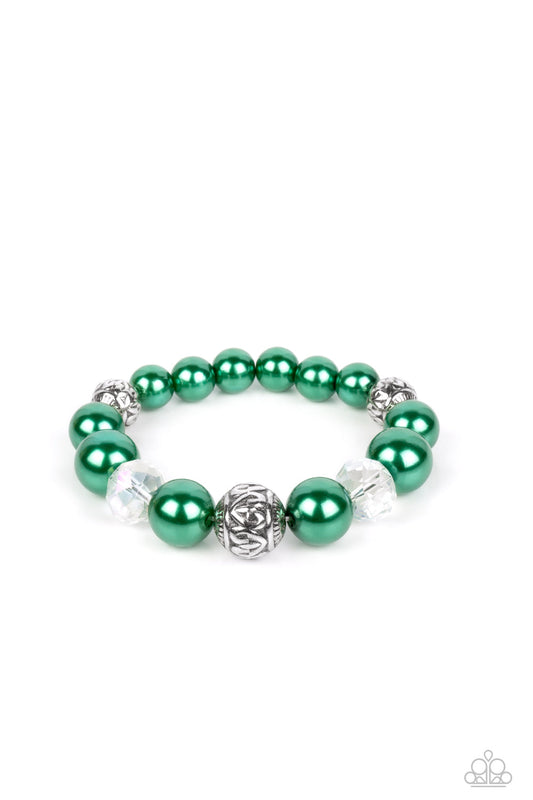 Royal Reward - Green Pearls, Silver Antique-Detail Balls, & Reflective Beaded Paparazzi Stretch Bracelet