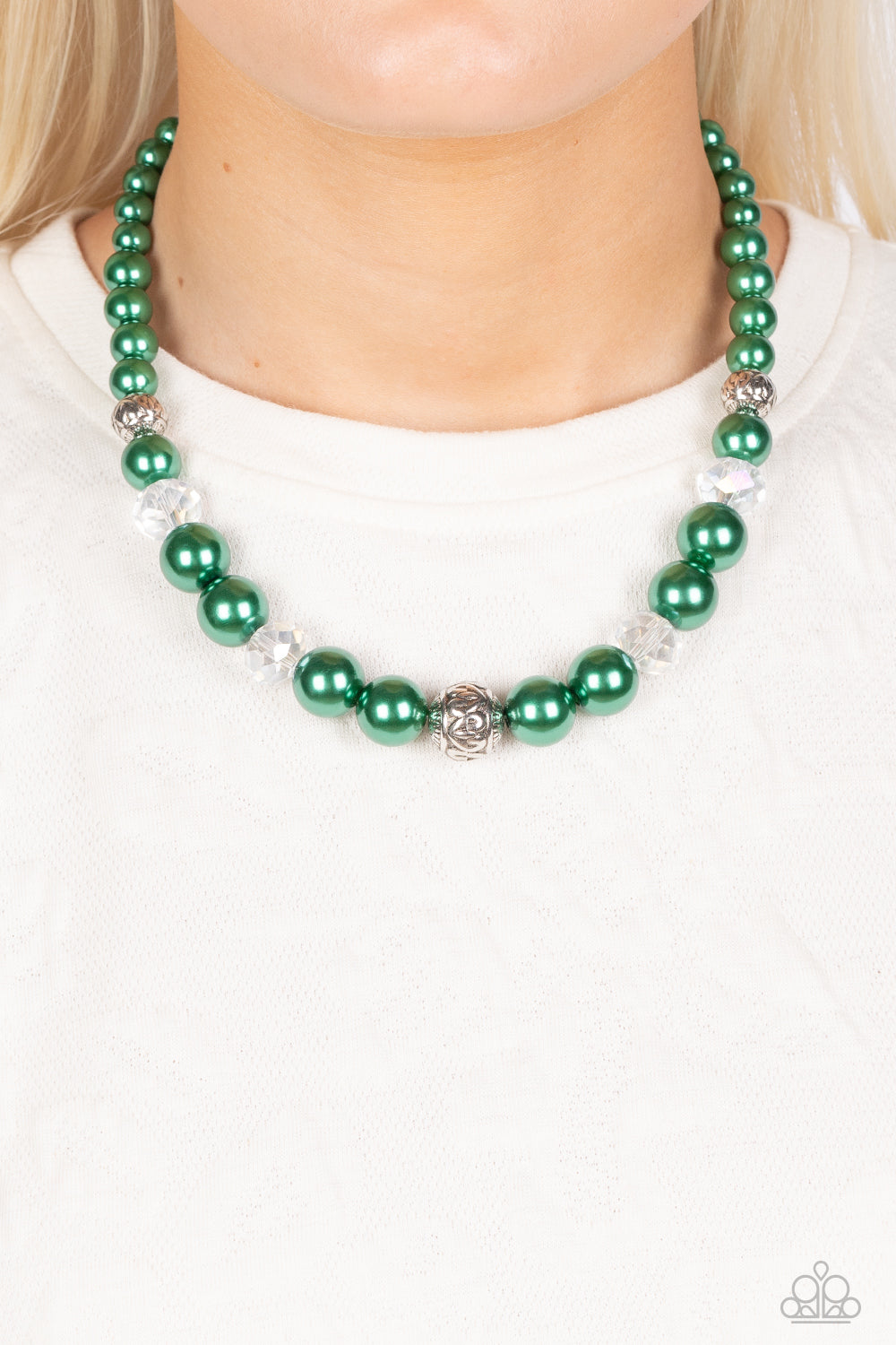The NOBLE Prize - Green Pearl, Silver Antique-Detailed Balls, & Reflective Beaded Paparazzi Necklace & matching earrings
