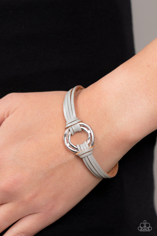 Free Range Fashion - Silver Leather Straps & Asymmetrical Hoops Paparazzi Magnetic Bracelet