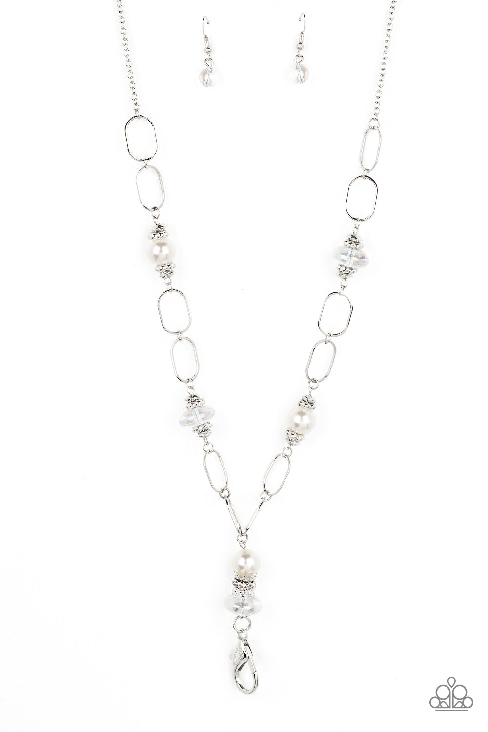 Creative Couture - White Pearls, Iridescent Beads, & Silver Accent Paparazzi LANYARD Necklace & matching earrings