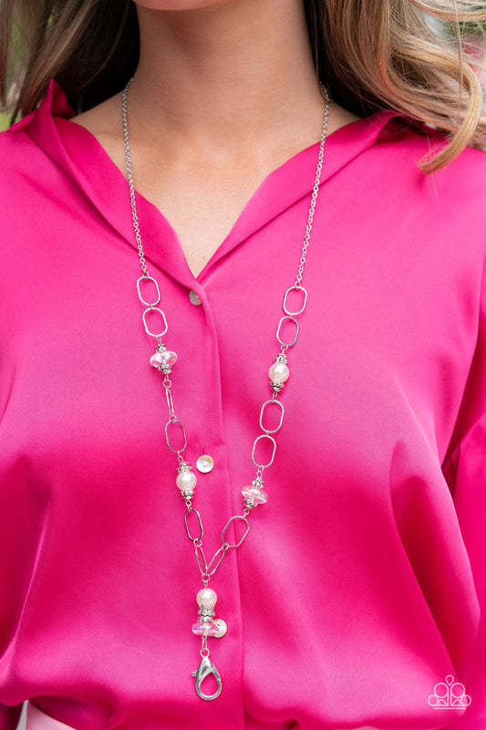 Creative Couture - White Pearls, Iridescent Beads, & Silver Accent Paparazzi LANYARD Necklace & matching earrings