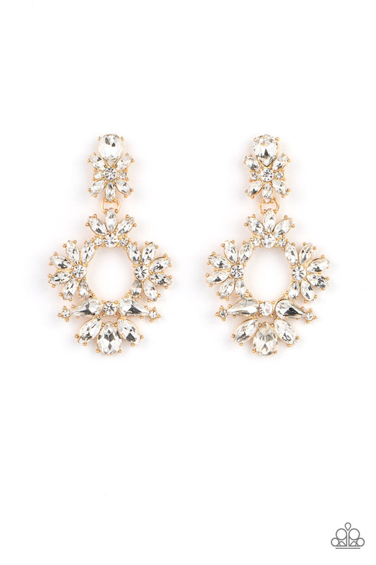 Leave them Speechless - Gold Wreath & White Rhinestone Paparazzi Earrings