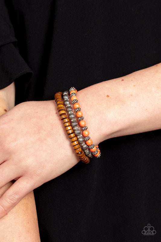 ESCAPADE Route - Orange Stone Beads, Wooden Beads, & Antiqued Silver Beaded Set of 3 Paparazzi Stretch Bracelets