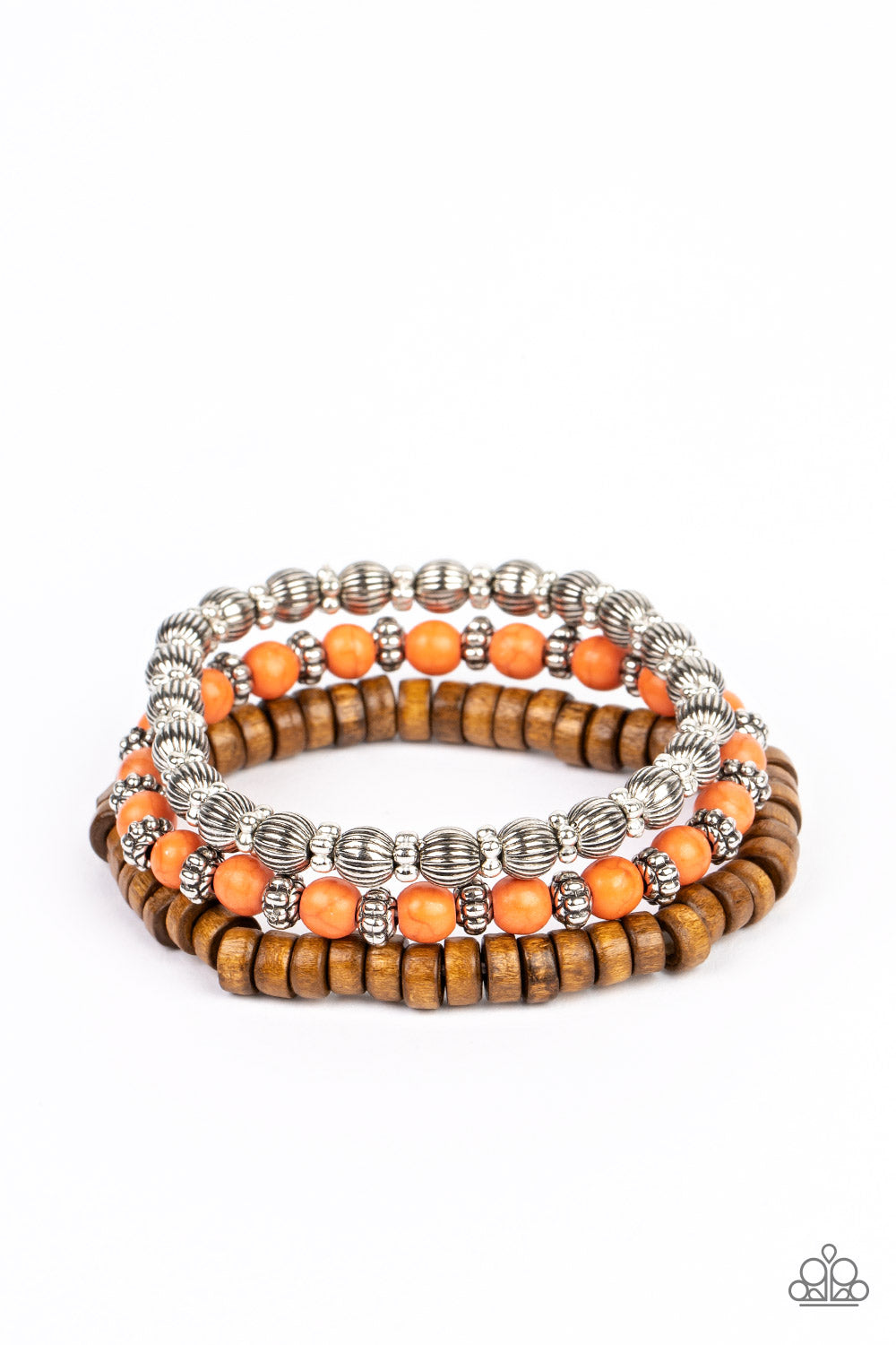 ESCAPADE Route - Orange Stone Beads, Wooden Beads, & Antiqued Silver Beaded Set of 3 Paparazzi Stretch Bracelets