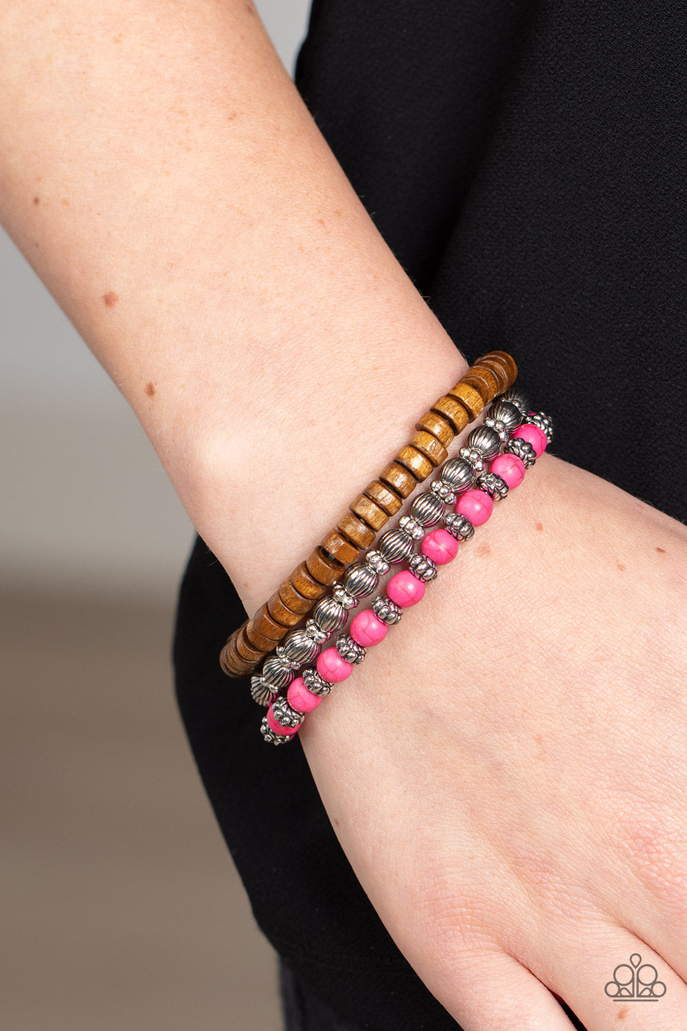 ESCAPADE Route - Pink Stones, Wooden Beads, & Antiqued Silver Beaded Set of 3 Paparazzi Stretch Bracelets