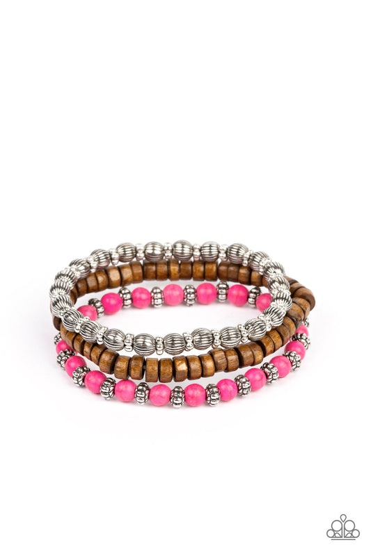 ESCAPADE Route - Pink Stones, Wooden Beads, & Antiqued Silver Beaded Set of 3 Paparazzi Stretch Bracelets