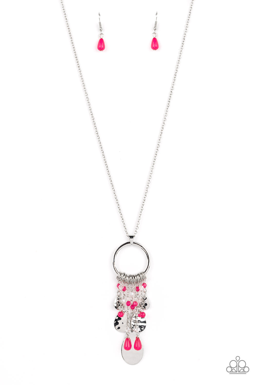 Totally Trolling - Pink Crystal-Like Beads/Hammered Silver Teardrop Pendant Paparazzi Necklace & matching earrings