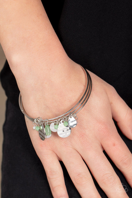 Secret Paradise - Green Beads & Hammered Silver Disc Paparazzi Set of 3 Bangle Bracelets