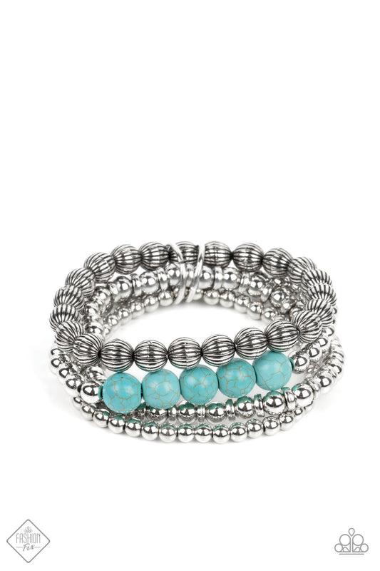 Wildland Wanderer - Blue/Turquoise Stone & Silver Beaded Set of 4 Paparazzi Stretch Bracelets