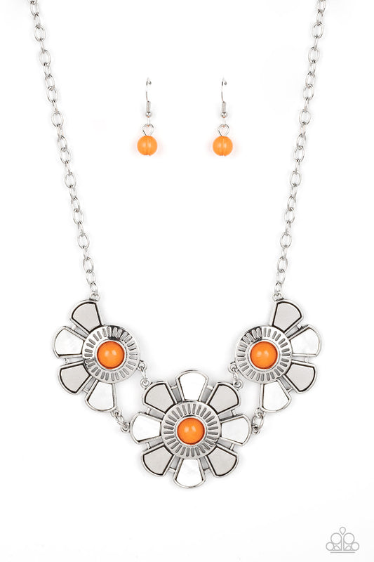 Aquatic Garden - Orange Bead Center/Silver & White Petal Paparazzi Necklace & matching earrings