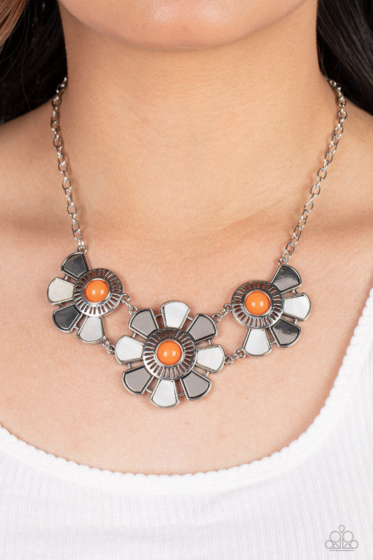 Aquatic Garden - Orange Bead Center/Silver & White Petal Paparazzi Necklace & matching earrings