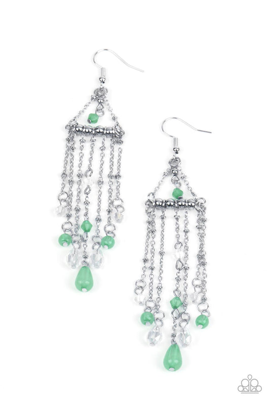 Marina Breeze - Green & Clear Faceted Beaded Silver Chain Tassel Paparazzi Earrings