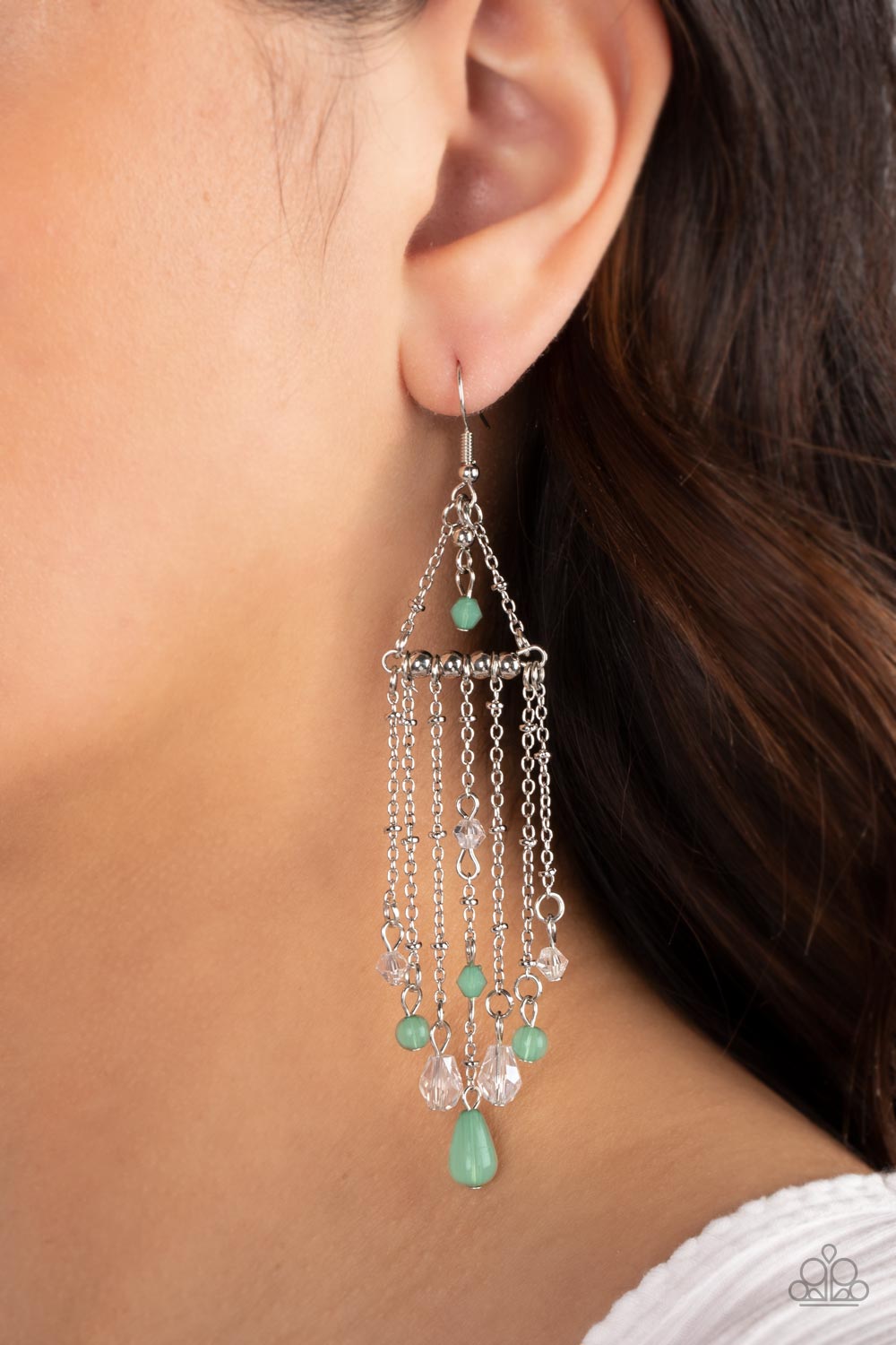 Marina Breeze - Green & Clear Faceted Beaded Silver Chain Tassel Paparazzi Earrings