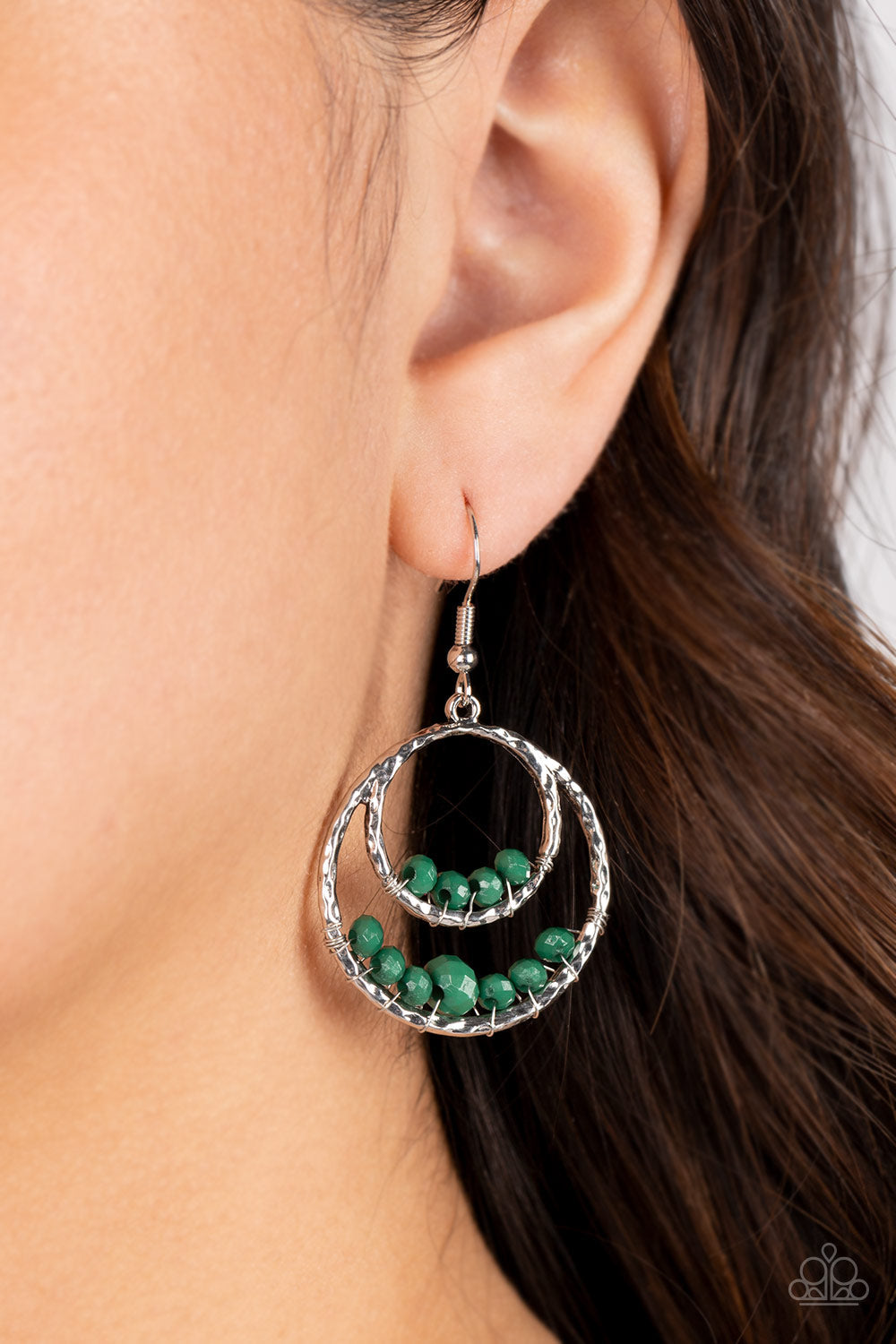 Bustling Beads - Green Beads & Overlapping Silver Circle Paparazzi Earrings
