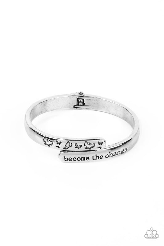 WINGS of Change - Silver "become the change" Stamped Paparazzi Hinge Bracelet