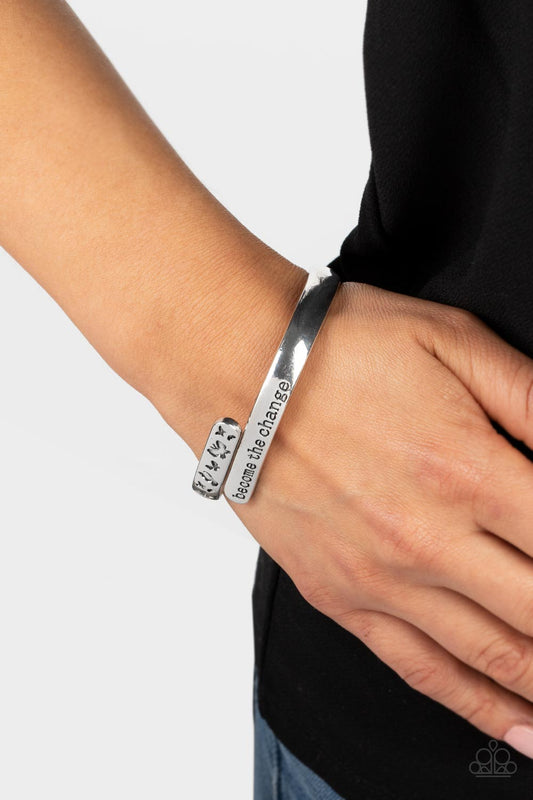 WINGS of Change - Silver "become the change" Stamped Paparazzi Hinge Bracelet