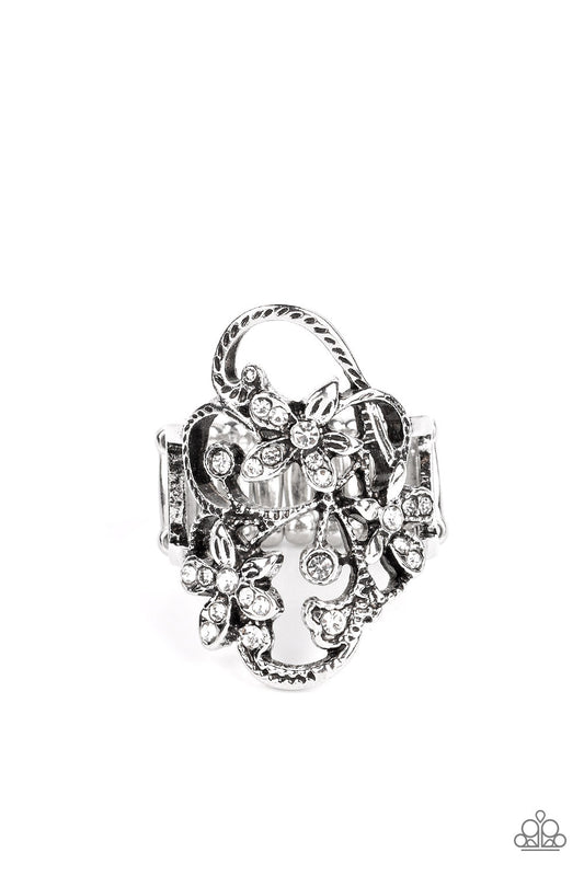 Flirtatiously Flowering - White Rhinestones & Textured Silver Filigree Flower Paparazzi  Ring