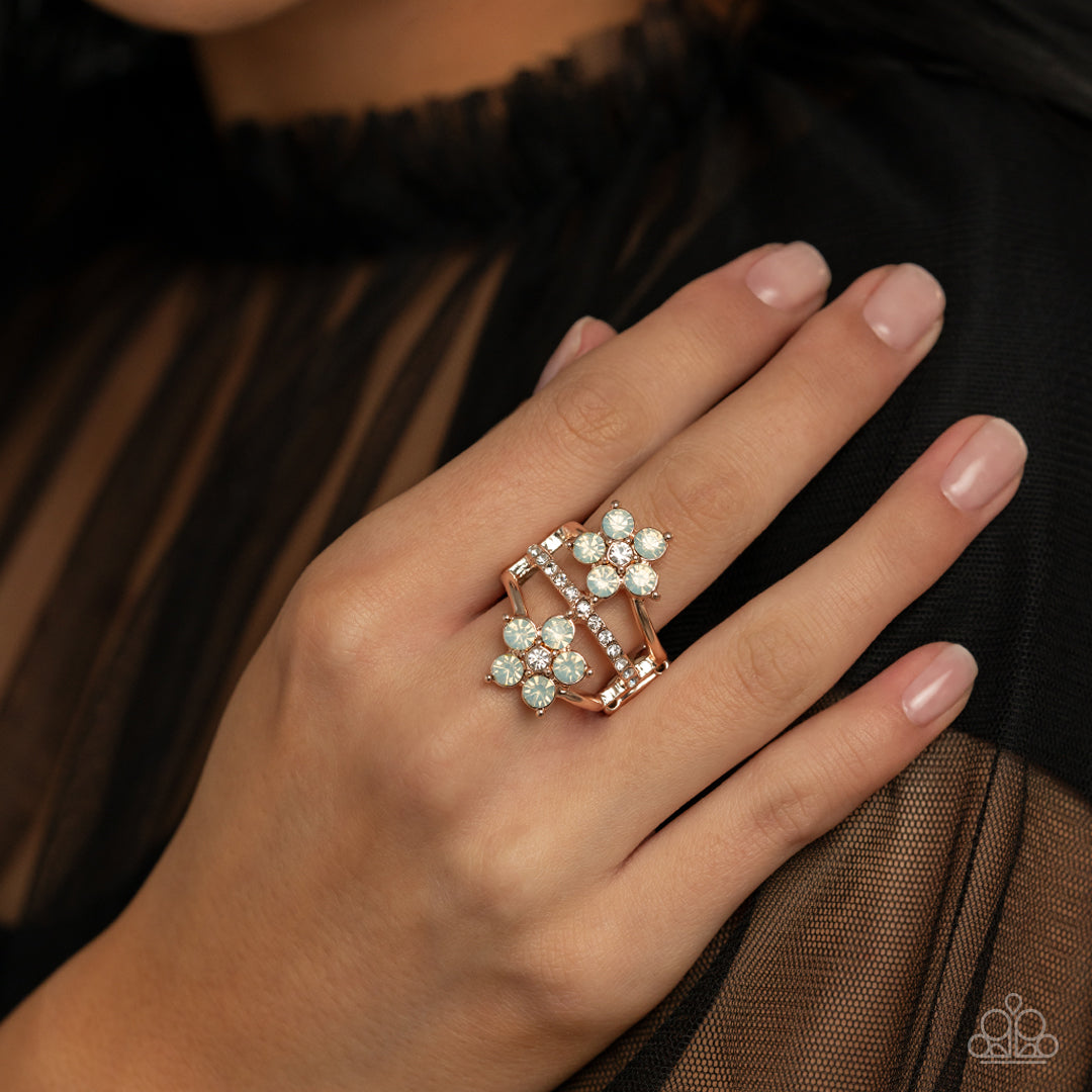 Precious Petals - Rose Gold Setting/White Opal Gem & White Rhinestone Flower Paparazzi Ring