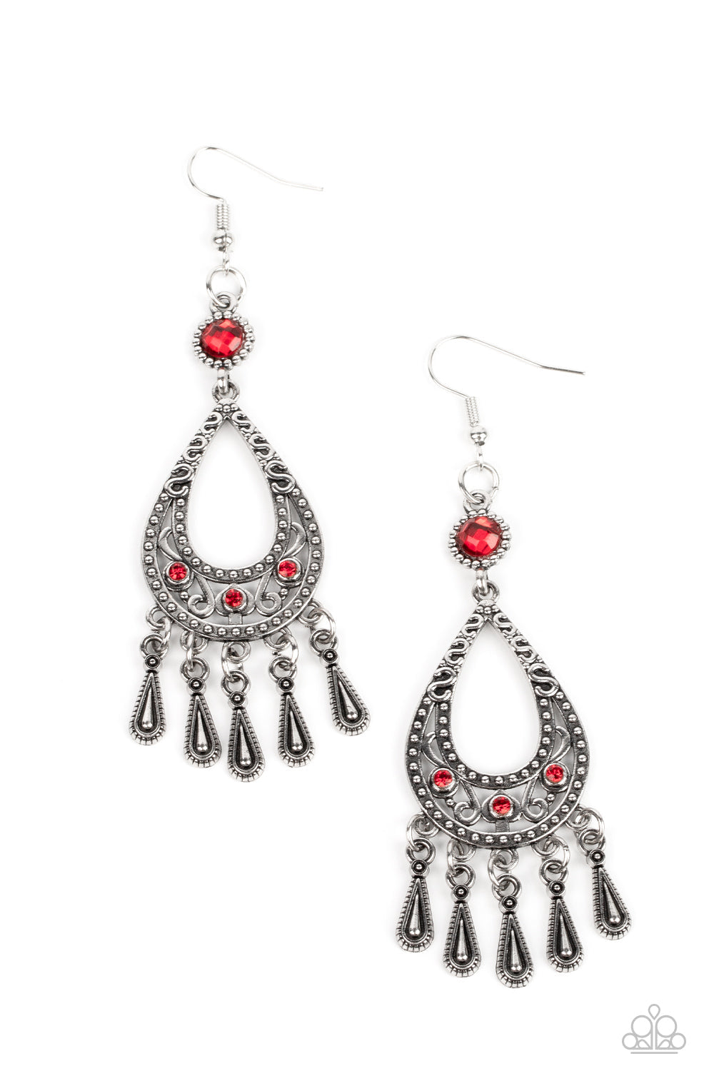 Viva la DIVA - Red Rhinestones & Textured Silver Teardrop Paparazzi Earrings