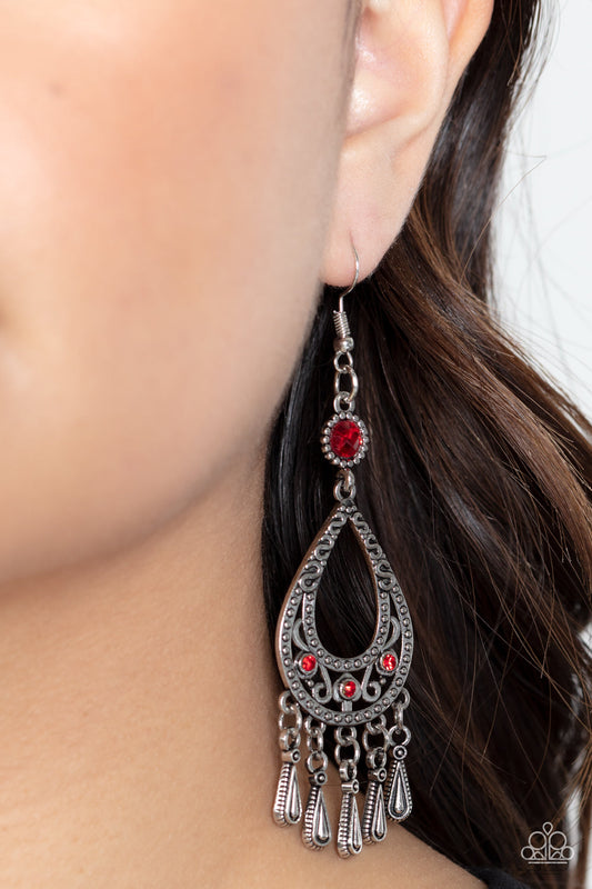 Viva la DIVA - Red Rhinestones & Textured Silver Teardrop Paparazzi Earrings