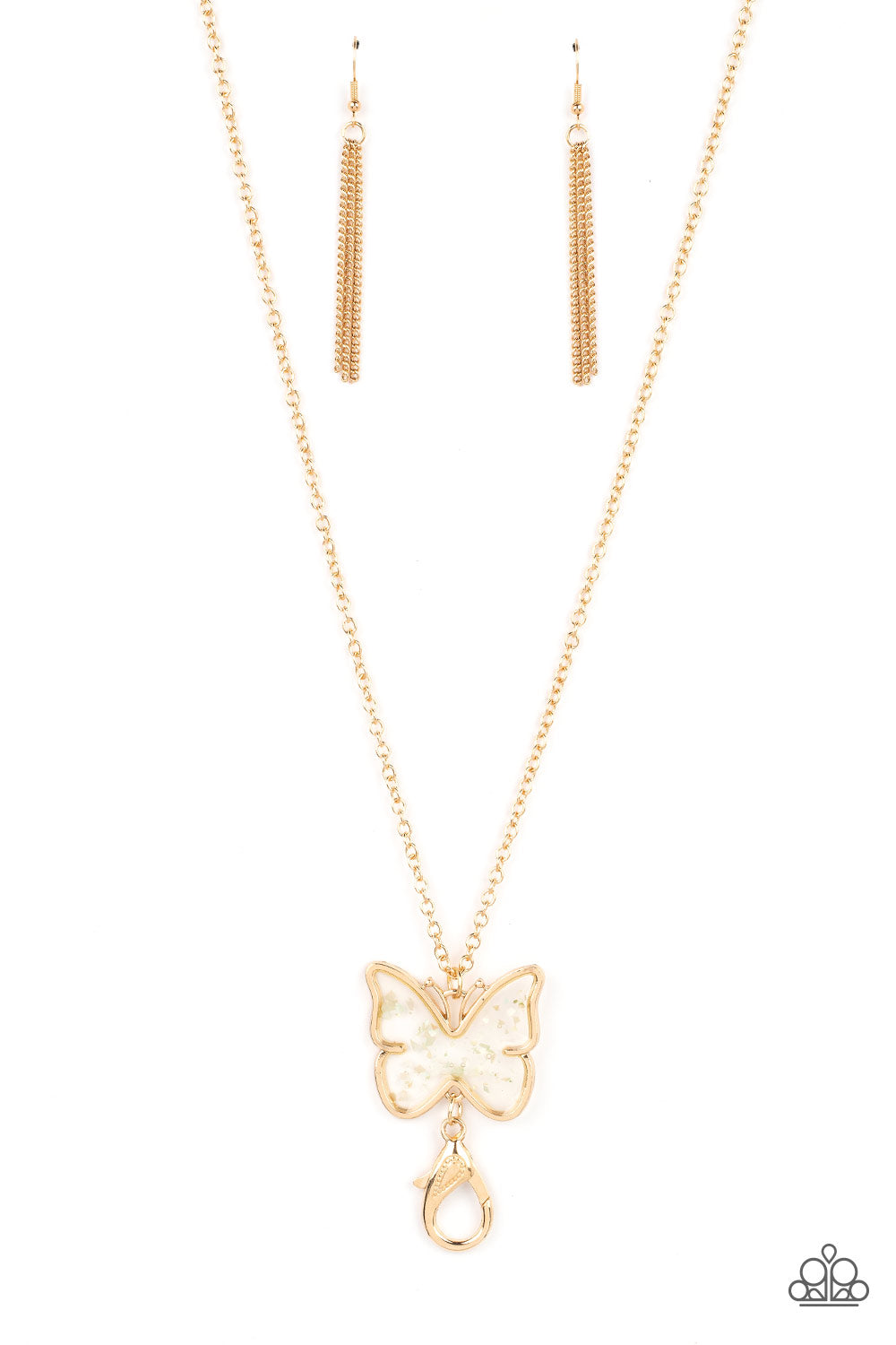 Gives Me Butterflies - Gold Butterfly Frame/Dainty Flecks of Shell Paparazzi Pendant LANYARD Necklace & matching earrings
