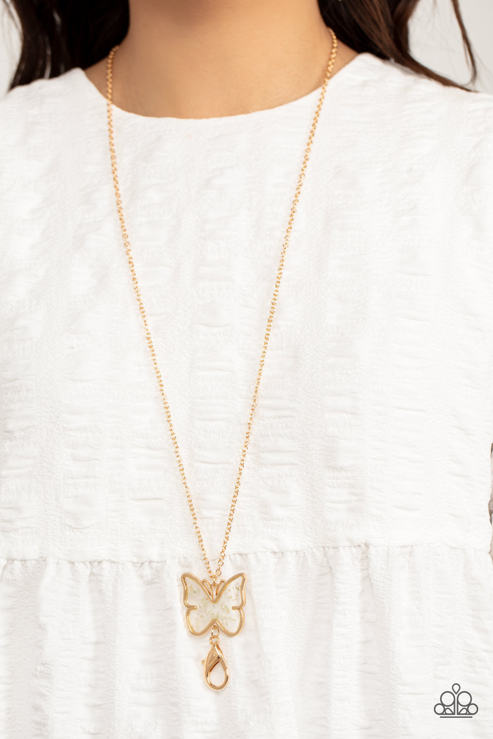 Gives Me Butterflies - Gold Butterfly Frame/Dainty Flecks of Shell Paparazzi Pendant LANYARD Necklace & matching earrings
