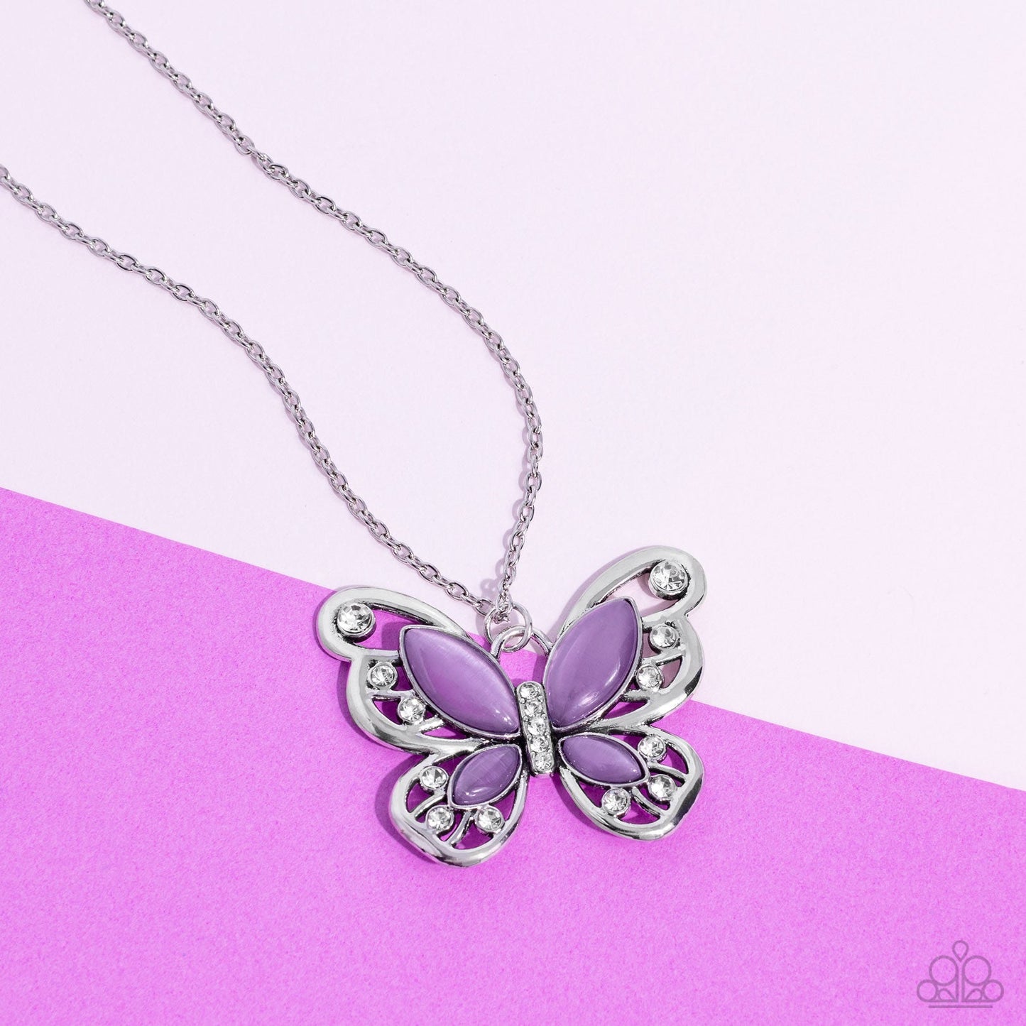 Wings Of Whimsy - Purple Cat's Eye Stones/Silver Filigree Butterfly Pendant Paparazzi Necklace & matching earrings