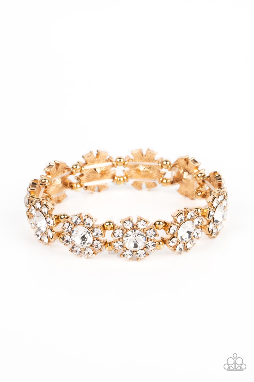 Premium Perennial - Gold Beads, Rhinestone-Dotted Petals, & Oversized White Rhinestone Center Paparazzi Stretch Bracelet