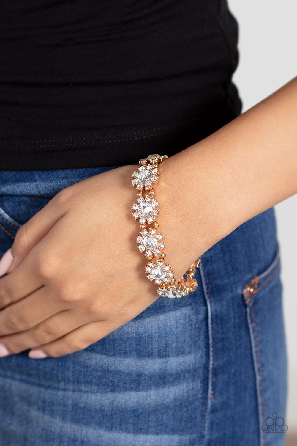 Premium Perennial - Gold Beads, Rhinestone-Dotted Petals, & Oversized White Rhinestone Center Paparazzi Stretch Bracelet