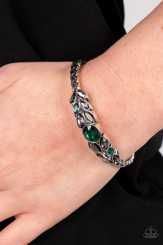 Vogue Vineyard - Green & Hematite Rhinestone Leafy Pattern Paparazzi Cuff Bracelet