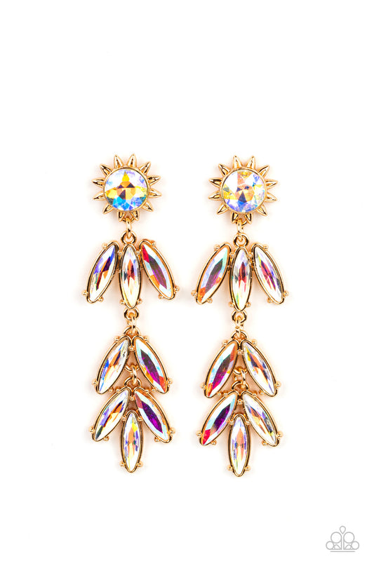 Space Age Sparkle - Gold Sunburst Frame & Iridescent Rhinestone Paparazzi Earrings