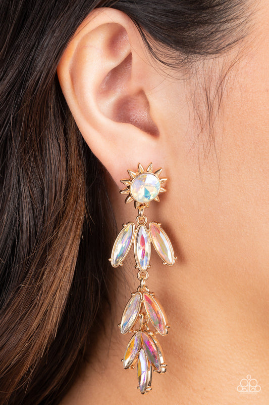 Space Age Sparkle - Gold Sunburst Frame & Iridescent Rhinestone Paparazzi Earrings