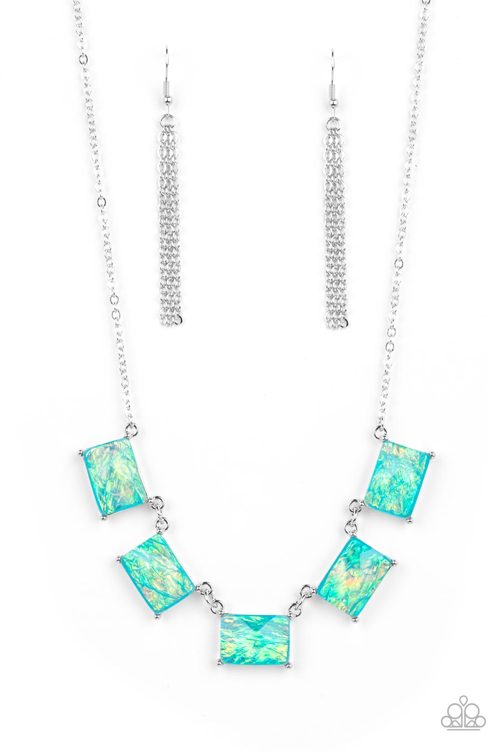 Opalescent Oblivion - Blue Opalescent Emerald-Cut Gem Paparazzi Necklace & matching earrings