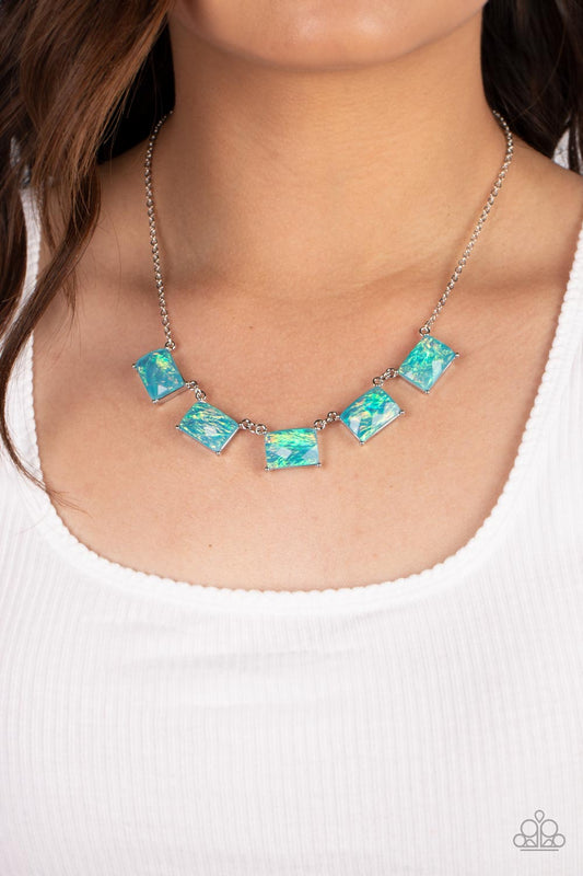 Opalescent Oblivion - Blue Opalescent Emerald-Cut Gem Paparazzi Necklace & matching earrings