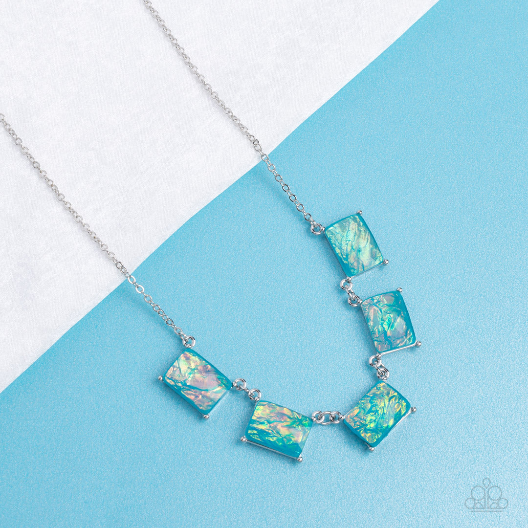 Opalescent Oblivion - Blue Opalescent Emerald-Cut Gem Paparazzi Necklace & matching earrings