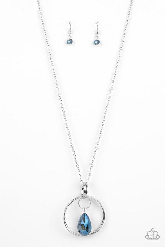 Swinging Shimmer - Blue Iridescent Teardrop/Silver Interconnected Rings Paparazzi Pendant Necklace & matching earrings