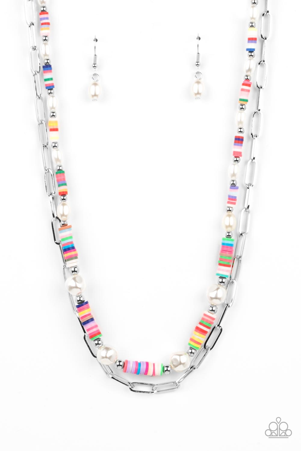 Tidal Trendsetter - Multi Colored Rubber Discs/Silver Beads/White Pearl Paparazzi Necklace & matching earrings