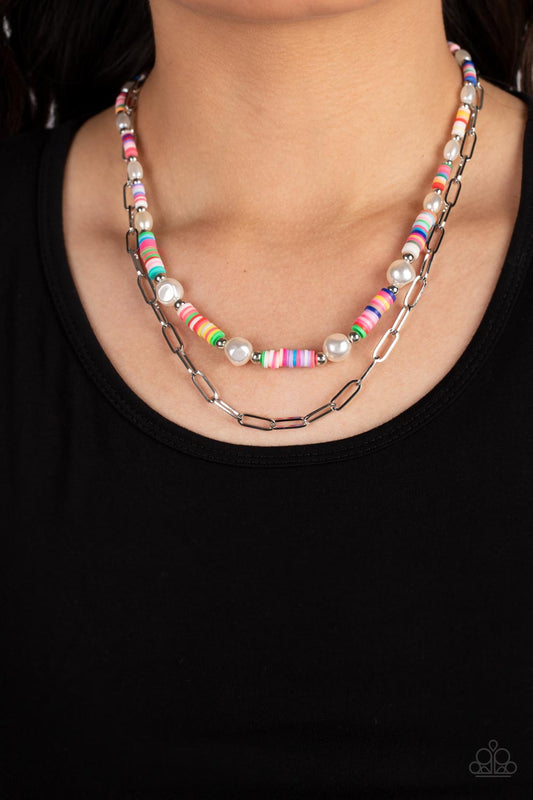 Tidal Trendsetter - Multi Colored Rubber Discs/Silver Beads/White Pearl Paparazzi Necklace & matching earrings