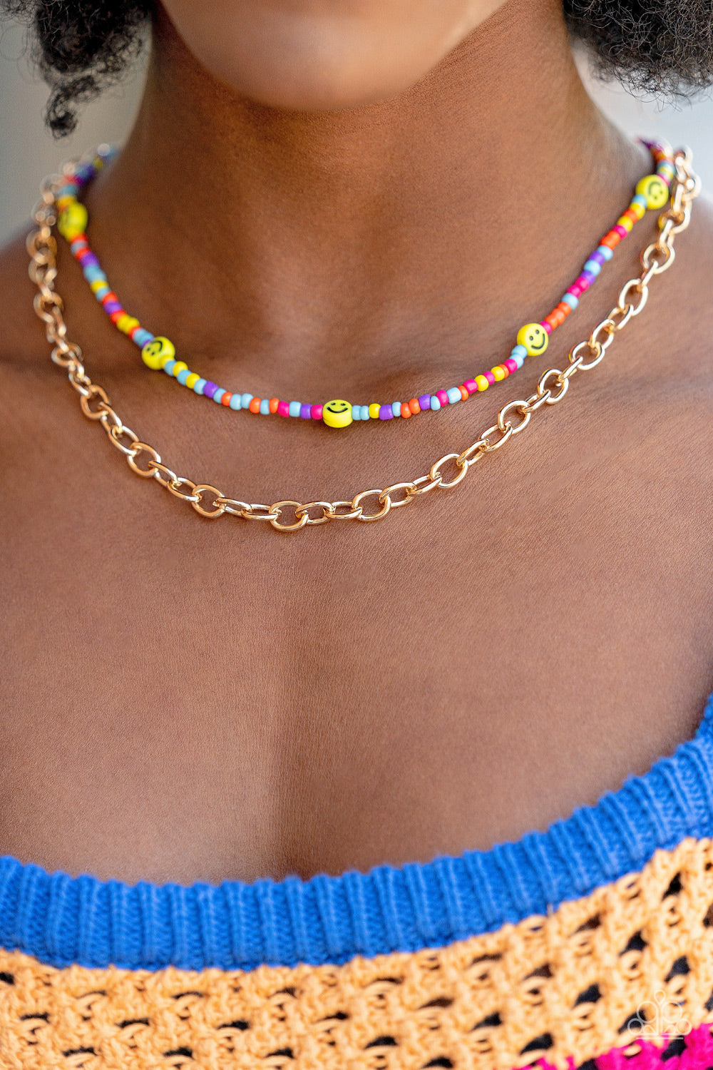 Happy Looks Good on You - Multi Seed Beads, Gold Chain, & Yellow Smily Face Beaded Paparazzi Necklace & matching earrings