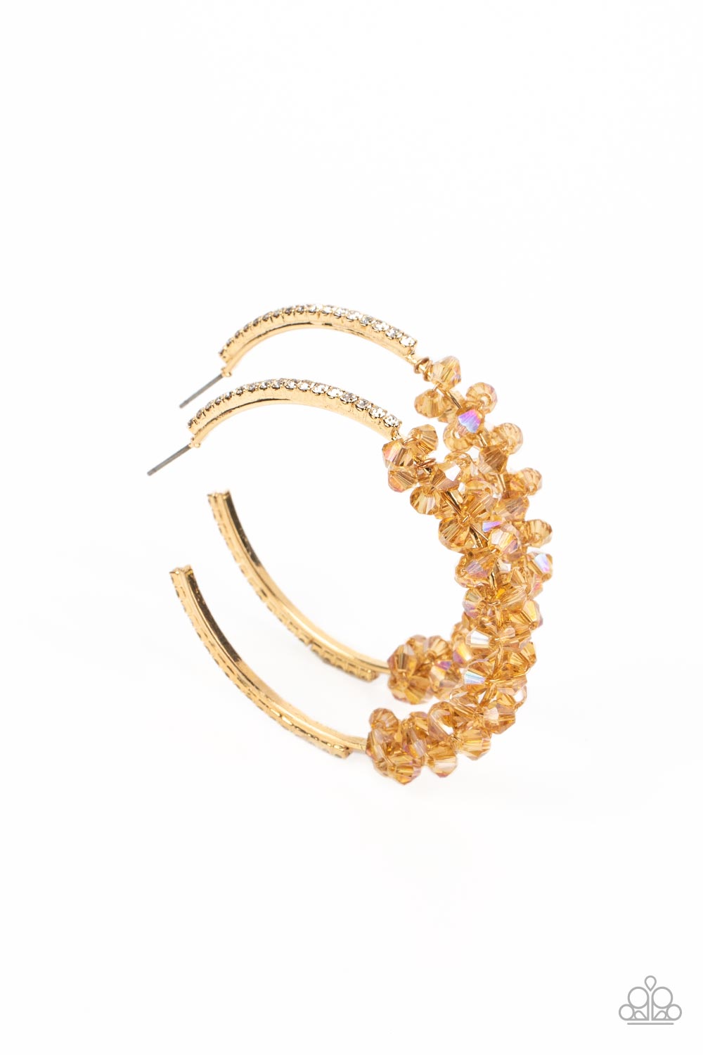 Bubble-Bursting Bling - Gold Hoop & Transparent Topaz Crystal-Like Beaded Paparazzi Earrings