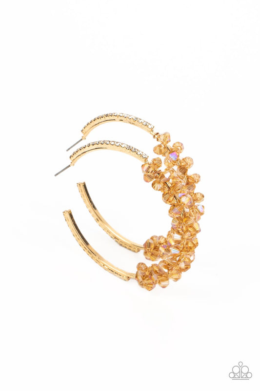 Bubble-Bursting Bling - Gold Hoop & Transparent Topaz Crystal-Like Beaded Paparazzi Earrings
