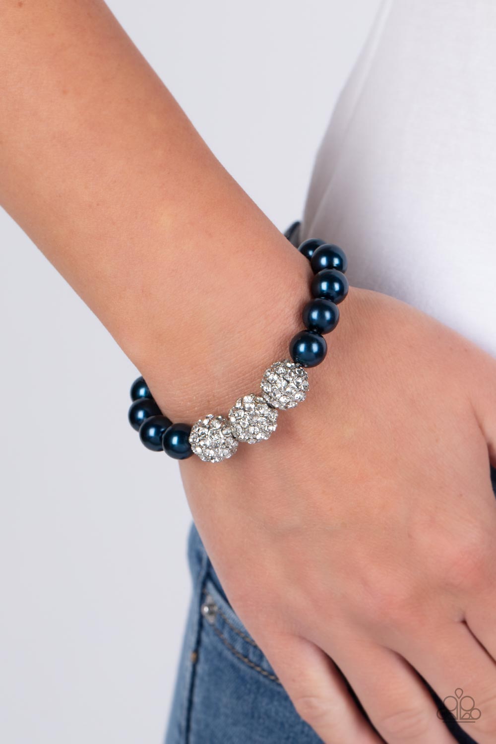 Breathtaking Ball - Blue Pearls & Silver Encrusted Rhinestone Balls Paparazzi Stretch Bracelet