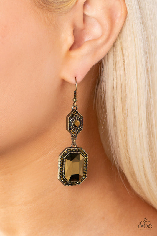 Starry-Eyed Sparkle - Brass Detailed Frame, Dainty Aurum Rhinestones, & Emerald-Cut Aurum Gem Paparazzi Earrings