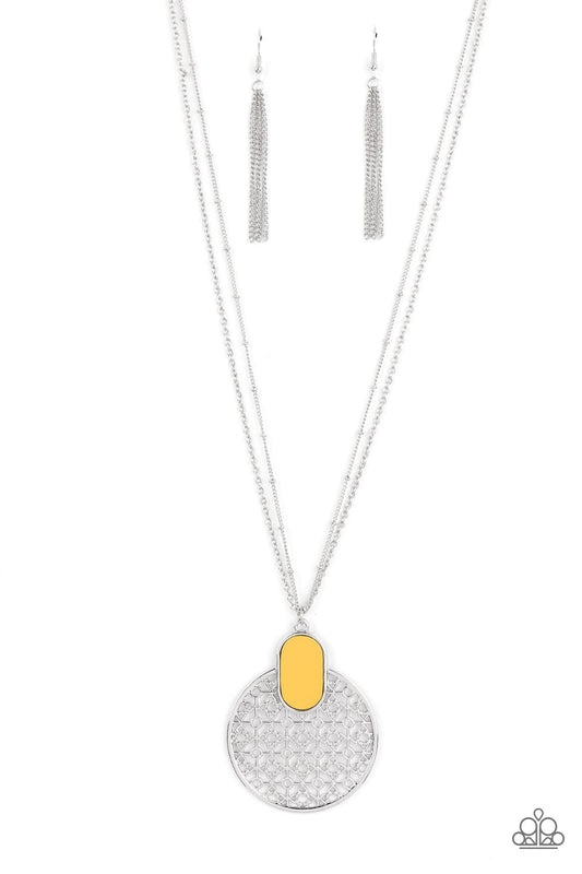 South Beach Beauty - Yellow Faux Shell/Silver Decorative Motif Pendant Paparazzi Necklace & matching earrings