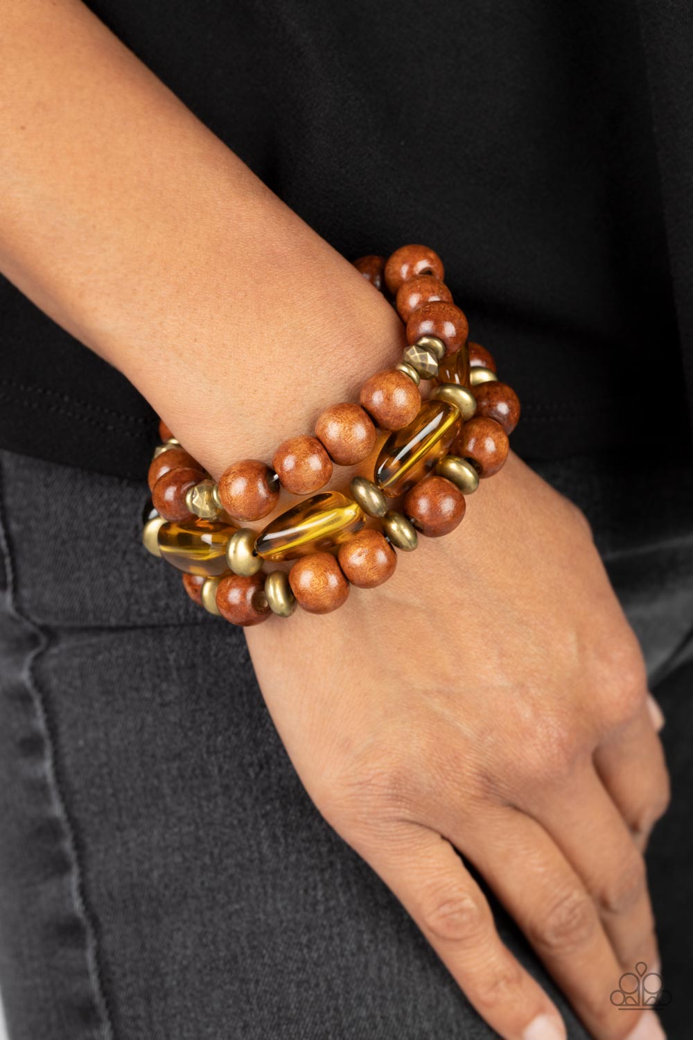 WILD-Mannered - Brass Accents, Oversized Wooden Beads, & Acrylic Beaded Paparazzi Set of 3 Stretch Bracelets