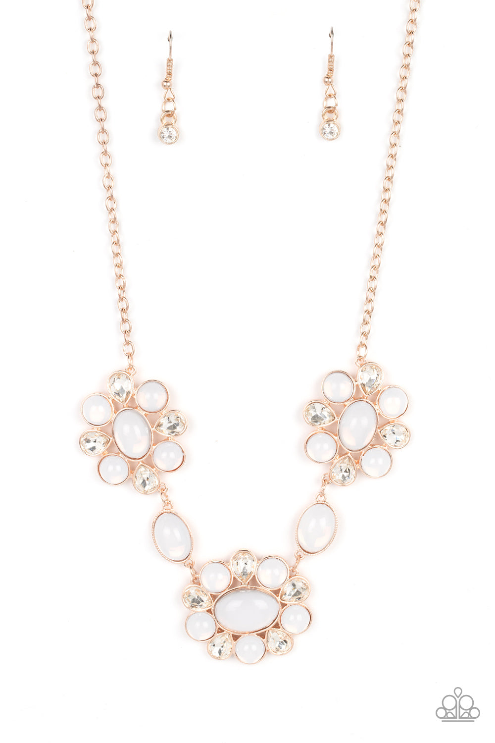 Your Chariot Awaits - Rose Gold Fittings/White Teardrop Rhinestones/Opalescent Beaded Paparazzi Necklace & matching earrings