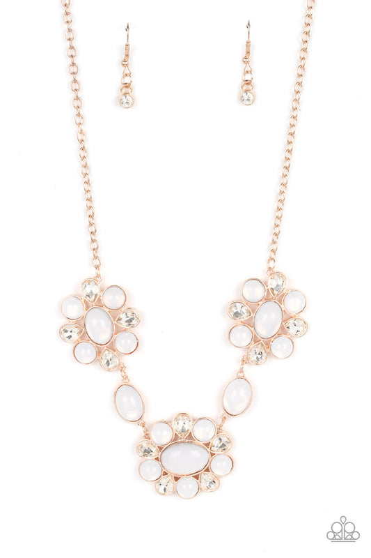 Your Chariot Awaits - Rose Gold Fittings/White Teardrop Rhinestones/Opalescent Beaded Paparazzi Necklace & matching earrings