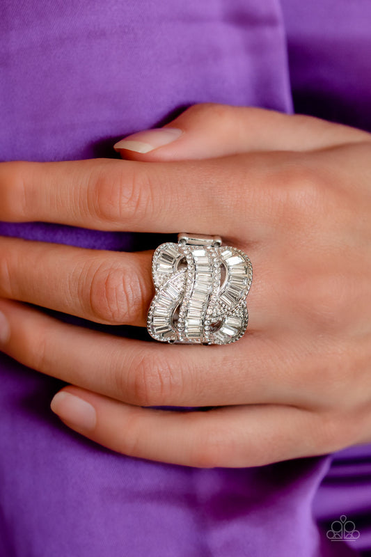 Six-Figure Flex - White Rhinestone Encrusted Twisted Silver Band Paparazzi Ring