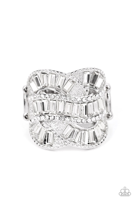 Six-Figure Flex - White Rhinestone Encrusted Twisted Silver Band Paparazzi Ring