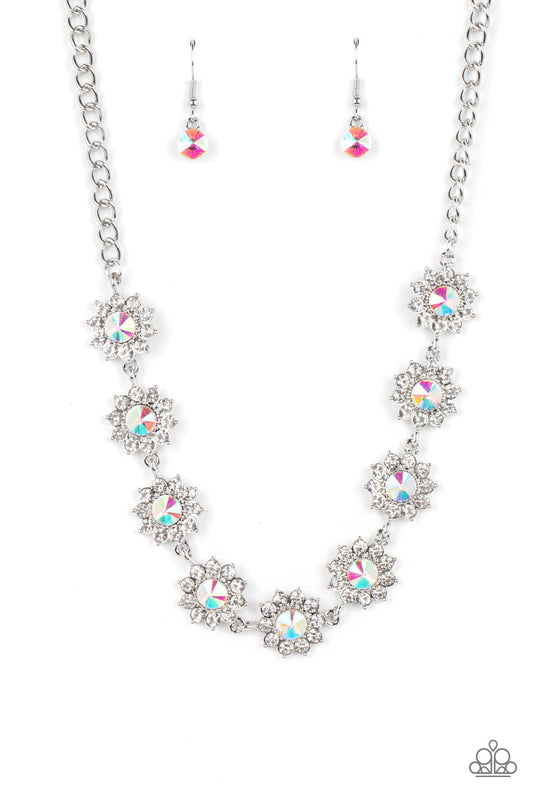 Blooming Brilliance - Multi Iridescent & White Rhinestone Flower Paparazzi Necklace & matching earrings